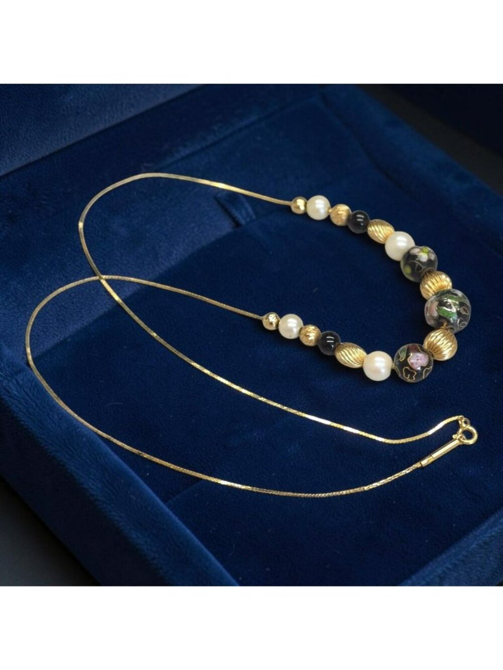14k Gold Cloisonné Bead & Pearl Necklace Black & Gold Accents 18 Inches Made In